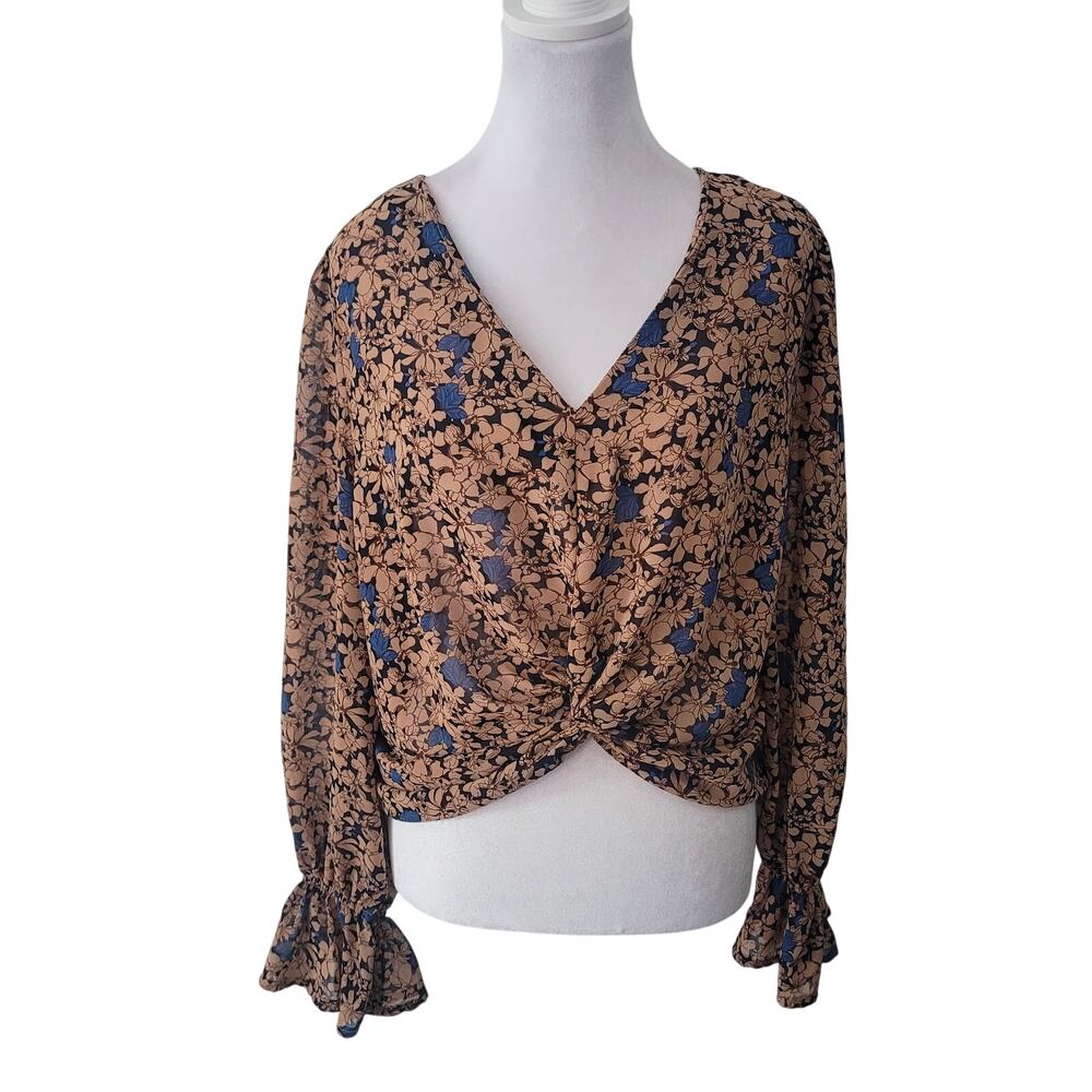 Lucy Paris Size L Brown Floral Sheer Scrunch Waist Blouse Romantic Long Sleeve